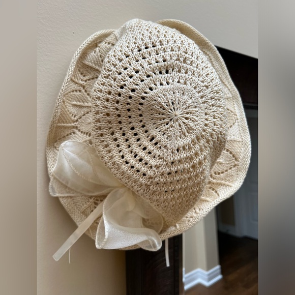 Vintage Beach Crochet Woven Beige Bow Floppy Hat Women’s Adult Size Feminine - Picture 5 of 16